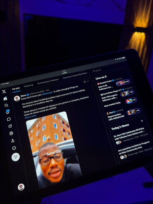A tablet displaying the X (formerly Twitter) app shows a 'For You' feed with a post from Steve (‪@RooZaac001) and trending topics like 'Gates' and '#Hamas', with a video thumbnail showing a person with 'Saturday 11:21' overlaid text.