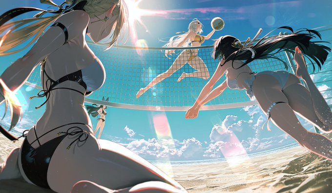 The image shows anime-style female characters playing volleyball in bikinis on a sunny beach, which serves as a playful visual metaphor for the post's humor—juxtaposing the impatient investor's fixation on waiting for SPY to drop with the carefree, sun-soaked attitude of characters enjoying the present moment while the market passes them by.
