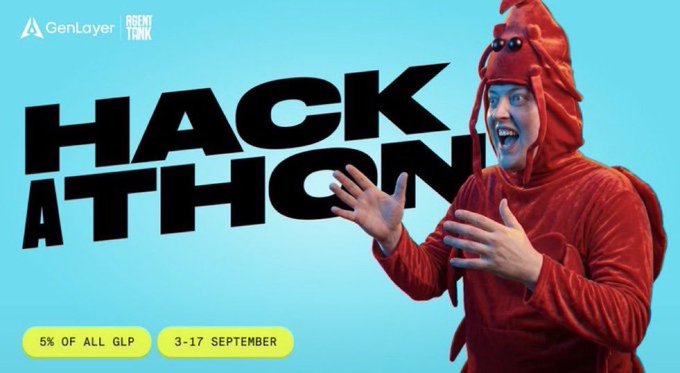 A promotional banner for "HACKATHON" by GenLayer and Agent Tank, featuring a man in a red lobster costume gesturing excitedly against a bright blue background, with text noting "6% OF ALL GLP" and the dates "3-17 SEPTEMBER." The playful, chaotic energy of the mascot and bold hackathon branding visually echoes the post's theme of unresolved agent disputes, highlighting GenLayer's role as a verification layer where AI agents' conflicting outputs can be adjudicated and enforced.