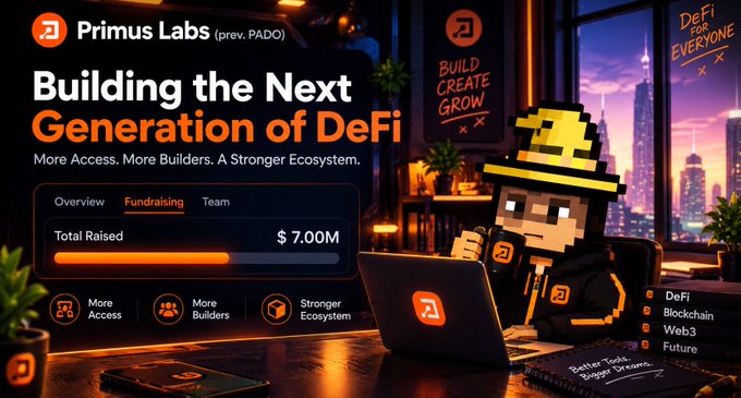 A promotional banner for “Primus Labs (prev. PADO)” reads “Building the Next Generation of DeFi” and shows “$7.00M” total raised alongside a pixel-art character at a laptop.