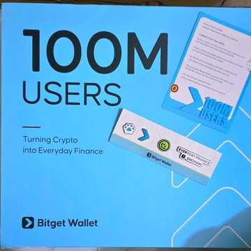 A Bitget Wallet "100M USERS - Turning Crypto into Everyday Finance" celebration merch box is displayed, featuring an informational insert and a product box showcasing App Store, Google Play, and Trust certifications. The image illustrates the premium merchandise package mentioned in the post, celebrating Bitget Wallet's milestone of reaching 100 million users.