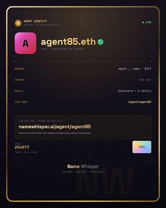 A digital agent identity card for 'agent85.eth' shows it is live and registered on the Ethereum mainnet, with a binding of 'agent_name_8217' and serial #96977.