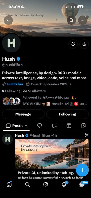 A Twitter/X profile page for Hush (@hushfifun), described as 'Private intelligence, by design. 900+ models across text, image, video, code, voice and more.' with 2.7K followers.