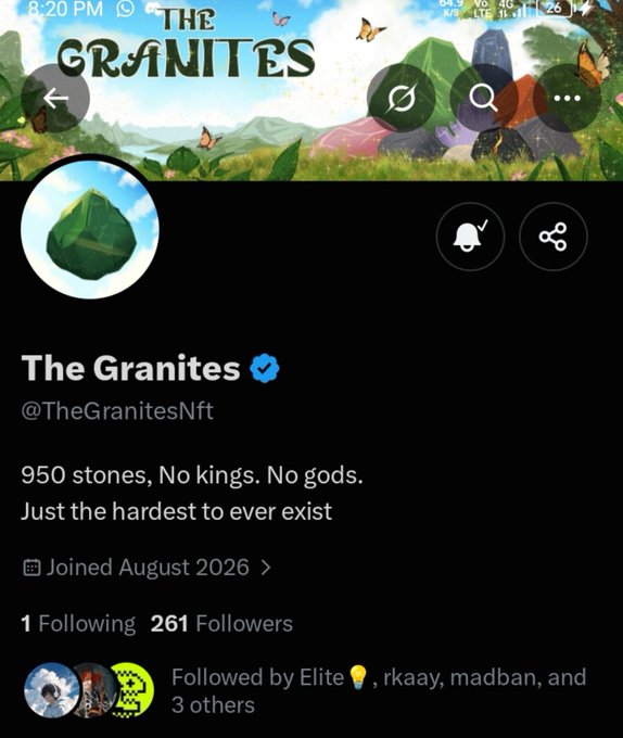 A Twitter/X profile page for 'The Granites' (@TheGranitesNft), verified account, with bio reading '950 stones, No kings. No gods. Just the hardest to ever exist', showing 1 Following and 261 Followers.