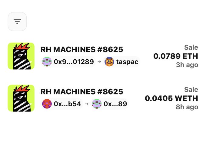 Two NFT marketplace listings for 'RH MACHINES #8625' showing recent sales: one for 0.0789 ETH to 'taspac' 3 hours ago, and another for 0.0405 WETH 8 hours ago.