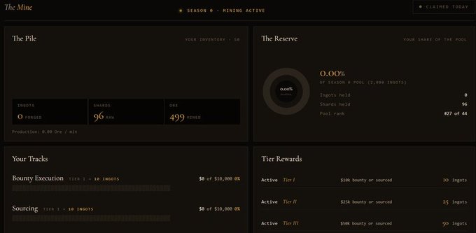 A dark-themed dashboard called 'The Mine' showing mining statistics, inventory, shares, GAS tokens, reserves, and tier rewards.