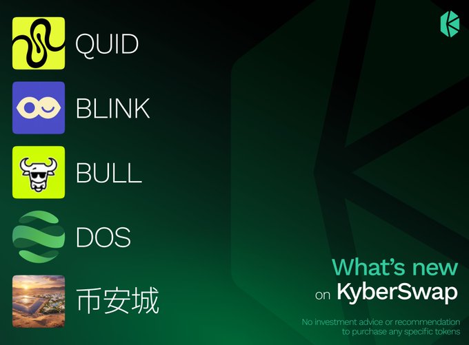 Promotional graphic for KyberSwap 'What's new' listing five tokens with icons: QUID, BLINK, BULL, DOS, and 市安城.