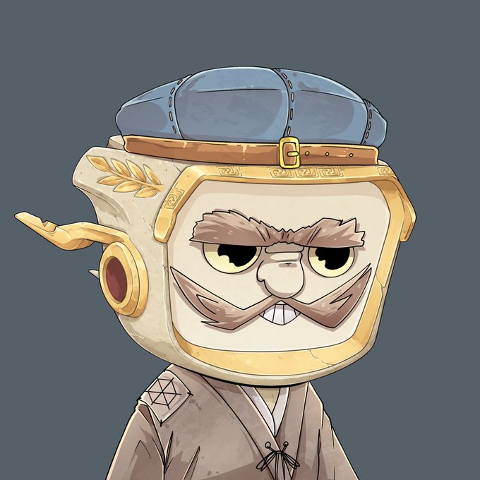 A cartoon character with a blocky, mechanical head, bushy brown eyebrows and mustache, wearing a blue cap, brown leather strap, and traditional robe.