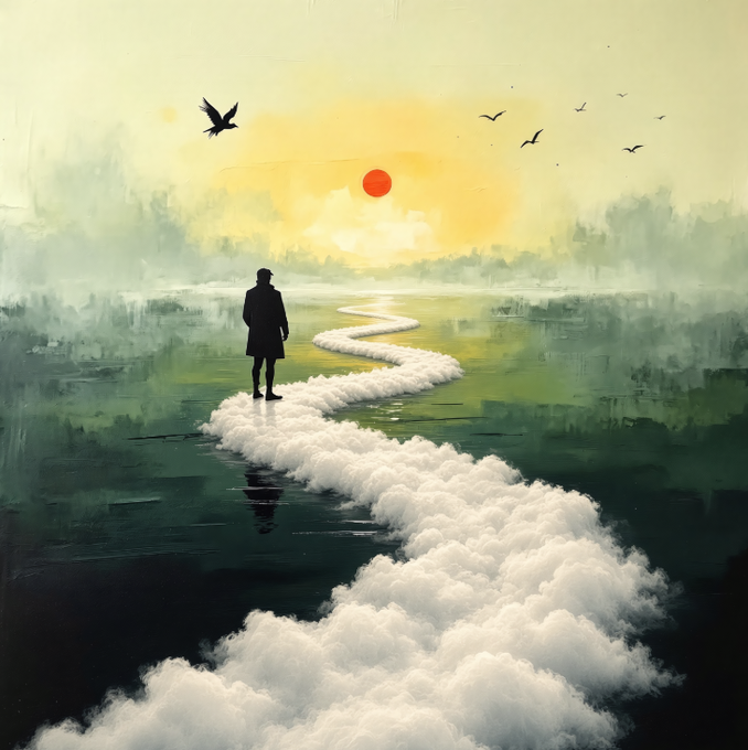 Painting of a solitary figure in a dark coat standing on a winding path of white clouds over a green landscape, watching a red sun with birds flying in a misty sky.