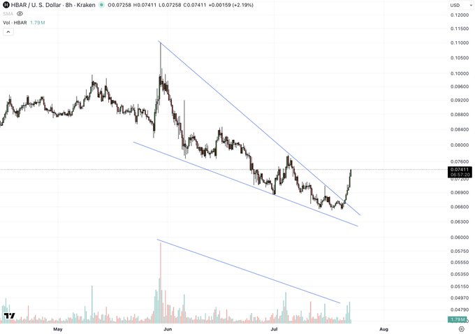 A daily candlestick chart of HBAR/USD on Kraken showing a Falling Wedge pattern (outlined in blue) from May through early August, with the price recently breaking out above the upper trendline near $0.07411 (+2.19%), accompanied by rising volume suggesting a potential bullish reversal.