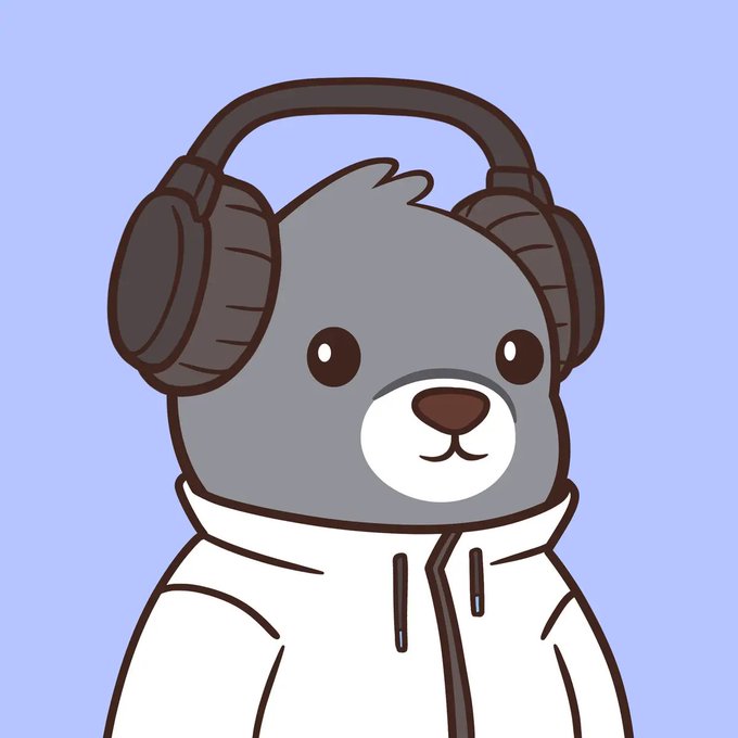 A cartoon illustration of a gray bear wearing a white hoodie and large black headphones against a light purple background.