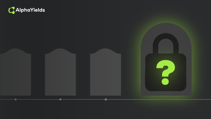 A dark graphic showing three gray arched panels and one highlighted green padlock icon with a question mark, with the 'AlphaYields' logo in the top left corner.
