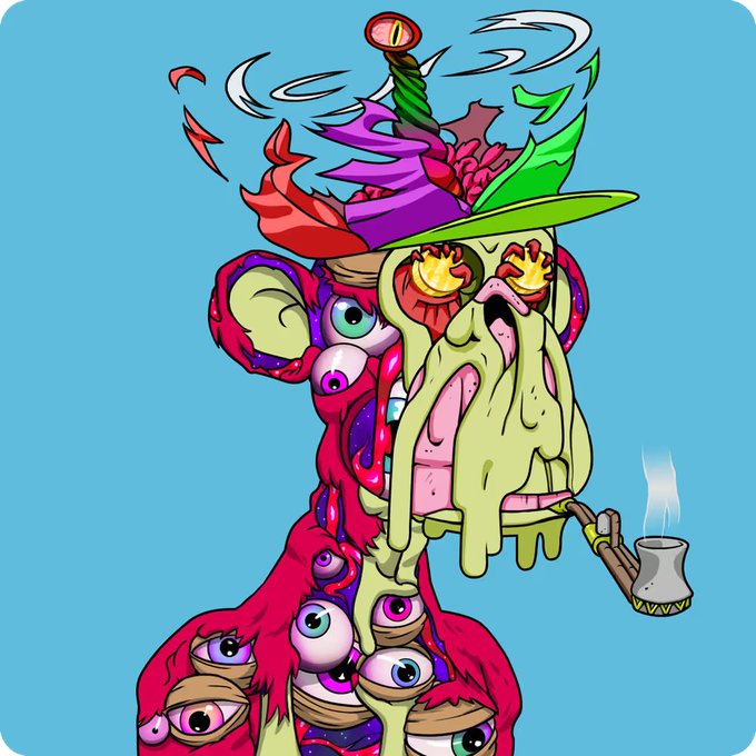 A psychedelic, grotesque cartoon character with melting green flesh, multiple eyeballs scattered across its red body, a feathered hat, and a smoking pipe set against a blue background.