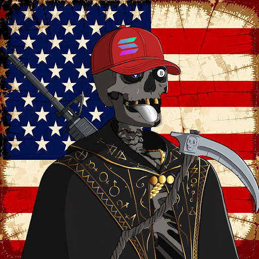 A skeletal figure wearing a red cap, gold chains, and holding weapons stands before a weathered American flag.
