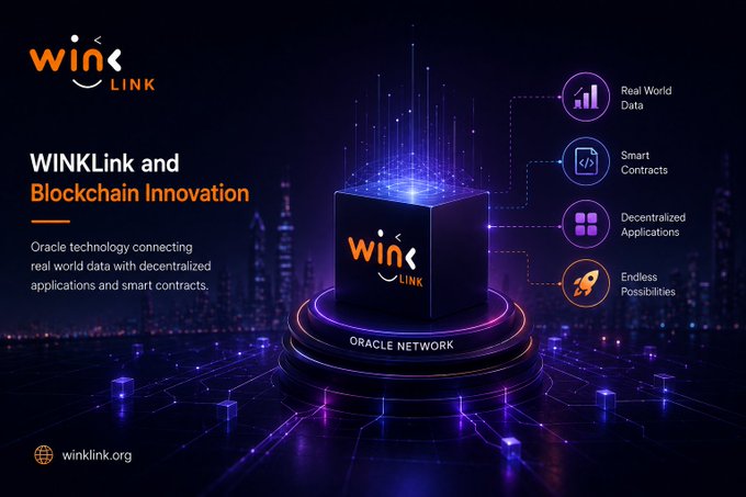 Promotional graphic for WINKLink featuring the text 'WINKLink and Blockchain Innovation - Oracle technology connecting real world data with decentralized applications and smart contracts,' along with icons for Real World Data, Smart Contracts, Decentralized Applications, and Endless Possibilities, and the website winklink.org.