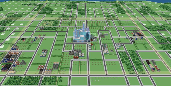 An aerial view of a 3D city-building simulation game featuring a large blue glass skyscraper in the center surrounded by a grid of green plots, roads, and smaller buildings.