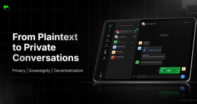 A promotional graphic for Bchat Beldex featuring the text 'From Plaintext to Private Conversations' and 'Privacy | Sovereignty | Decentralization' alongside a tablet displaying a messaging interface.