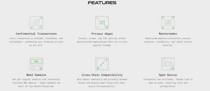 A white webpage displaying the 'FEATURES' section of a project, listing six items: Confidential Transactions, Privacy dApps, Masternodes, Web3 Domains, Cross-Chain Compatibility, and Open Source, each with a brief description.