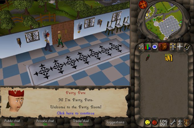 This is a screenshot from Old School RuneScape showing a player interacting with an NPC named "Party Pete" who greets them with "Hi! I'm Party Pete. Welcome to the Party Room!" The interface displays a party room with a patterned carpet, characters, and a chat box mentioning trade/duel features being showcased in the post.