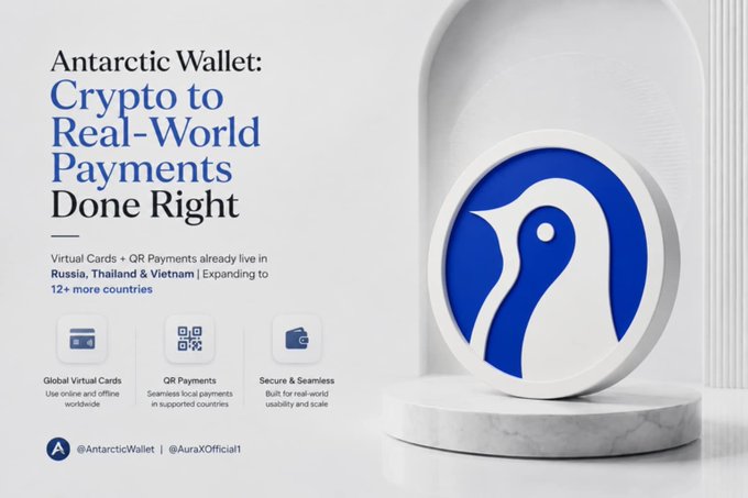 A promotional banner for 'Antarctic Wallet' advertising 'Crypto to Real-World Payments Done Right' with virtual cards and QR payments live in Russia, Thailand & Vietnam.