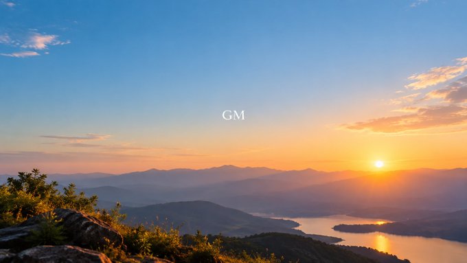 A scenic landscape photograph showing a sunrise or sunset over mountains and a lake, with the text 'GM' (Good Morning) overlaid in white in the center of the sky.