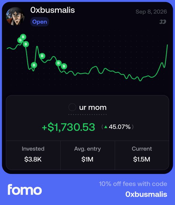 A trading app screenshot for user '0xbusmalis' dated Sep 8, 2026, showing a portfolio labeled 'ur mom' with a gain of +$1,730.53 (45.07%), alongside a 'fomo' ad offering '10% off fees with code 0xbusmalis'.