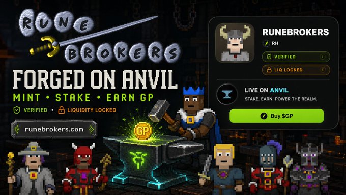 A promotional banner for 'RUNEBROKERS' with 'FORGED ON ANVIL' tagline, advertising MINT, STAKE, and EARN GP features with pixel-art character graphics and a Buy $GP button.