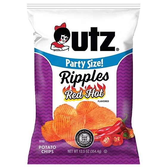 A party size bag of Utz Ripples Red Hot Flavored Potato Chips (12.5 oz / 354.4g) features the brand's iconic little girl logo alongside spicy red chili peppers and rippled chips, matching the post's reference to a "Ripple Party" with bold, fiery flavors.