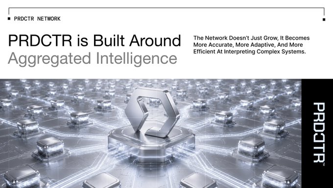 Promotional banner for 'PRDCTR Network' with the tagline 'PRDCTR is Built Around Aggregated Intelligence' and text stating 'The Network Doesn't Just Grow, It Becomes More Accurate, More Adaptive, And More Efficient At Interpreting Complex Systems.'