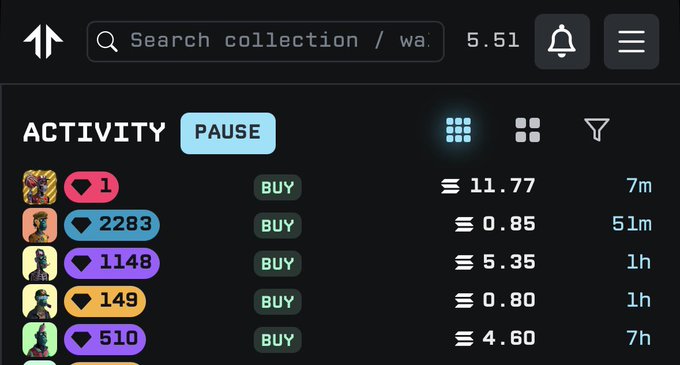 A screenshot of a cryptocurrency NFT marketplace activity page showing recent 'BUY' transactions with prices in ETH, diamond counts, and time elapsed.
