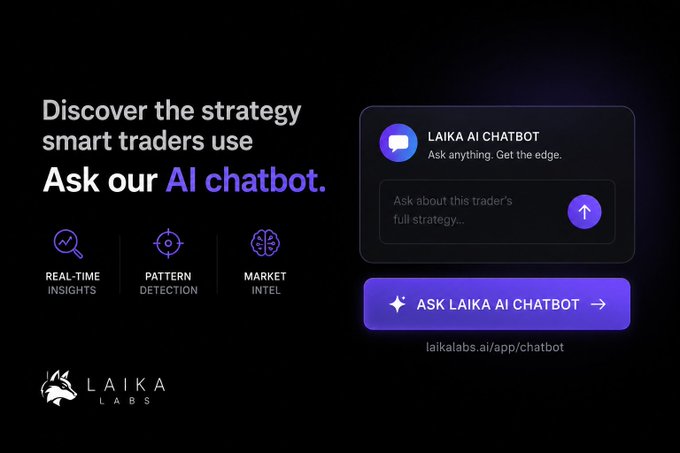 A promotional graphic for "LAIKA AI CHATBOT" by Laika Labs invites users to "Discover the strategy smart traders use" and "Ask our AI chatbot," featuring real-time insights, pattern detection, and market intel, with a link to laikalabs.ai/app/chatbot. The chatbot interface visually represents the tool referenced in the post, which analyzes a Polymarket trader's profitable strategy in ATP tennis betting, suggesting users could leverage the AI to uncover similar overlooked market edges.