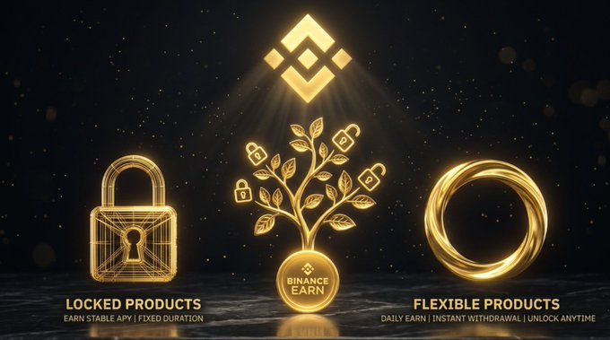 A Binance promotional graphic for "BINANCE EARN" featuring golden icons for Locked Products, a money tree, and Flexible Products.