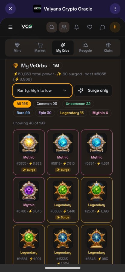 A mobile screenshot of 'Vaiyans Crypto Oracle' (VCO) showing the 'My VeOrbs' collection with 193 items, featuring various Mythic, Legendary, and Rare orbs with power levels and Surge indicators.