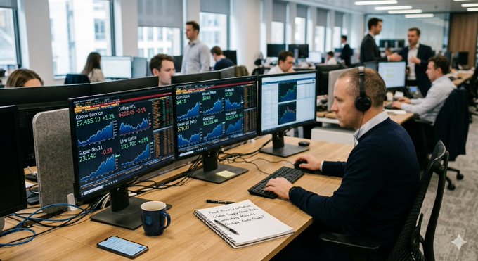 The image shows a man sitting at his desk with multiple computer monitors, typing on his keyboard while wearing headphones. The screens display various stock market data feeds for commodities such as cocoa, coffee, sugar, and live cattle. This suggests that he is working in an office environment where he is involved in trading or analyzing these commodity markets.