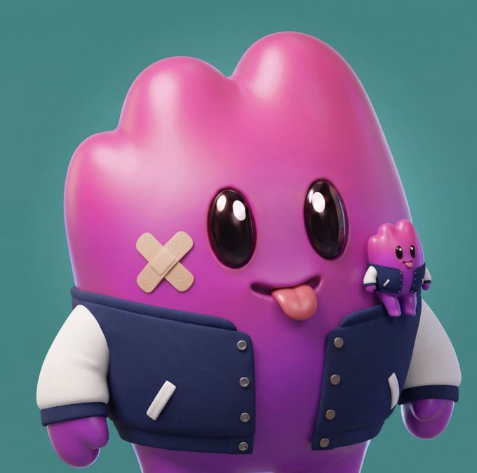 A 3D render of a purple blob-like character with large eyes and its tongue sticking out, wearing a navy blue jacket with a band-aid on its cheek, holding a smaller version of itself.