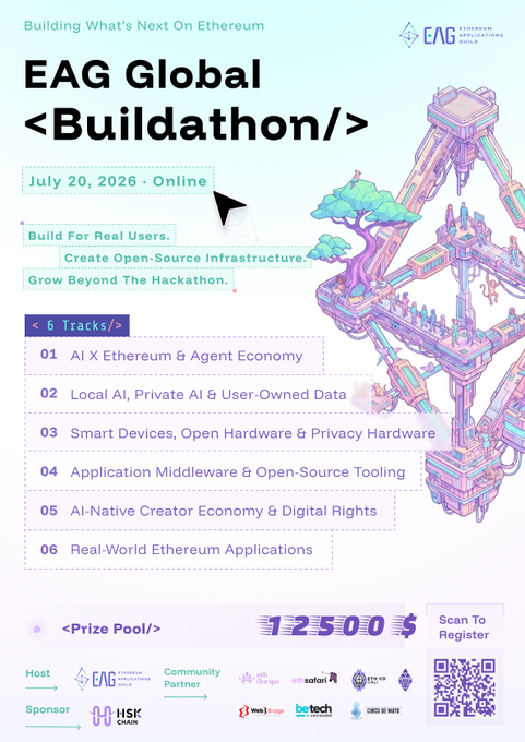 A promotional poster for 'EAG Global <Buildathon/>' dated July 20, 2026, listing six tracks including 'AI X Ethereum & Agent Economy' and 'Real-World Ethereum Applications,' with a prize pool of $2500 and a QR code for registration.