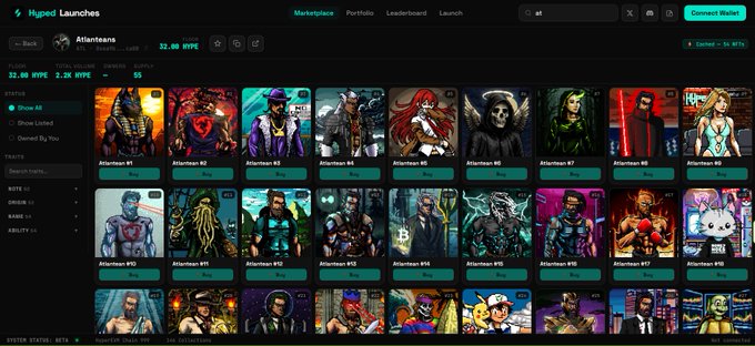 A screenshot of the Hyped Launches NFT marketplace displaying a collection called 'Atlanteans' with multiple character cards in a grid layout.