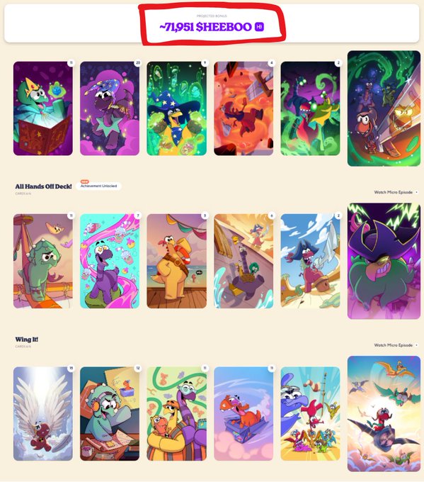 A screenshot of the "Pirate's Booty" collection on Magic Eden showing rows of colorful dinosaur-themed NFT cards, with "71,951 $HEEBOO" prominently highlighted at the top. The image illustrates the post's claim of completing a full card set by showing the various NFT collectibles the user collected to earn their 71,750 $HEEBOO tokens.