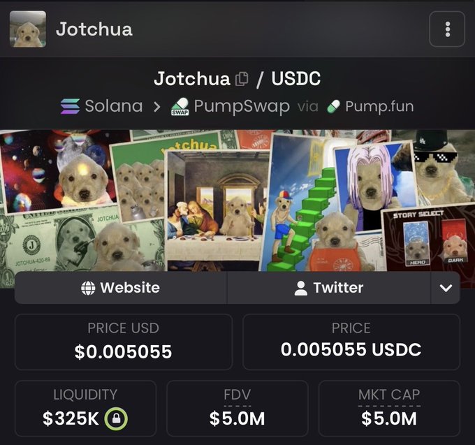 The image shows a cryptocurrency trading page for "Jotchua / USDC" on the Solana network via PumpSwap/Pump.fun, featuring a $0.005055 price, $325K liquidity, and a $5.0M FDV/MKT CAP, with meme-style images of dogs. The post's frustration about someone selling the "good doggo $Jotchua" directly ties to this snapshot showing the token's current trading metrics, implying the seller is dumping despite its $5M market cap.