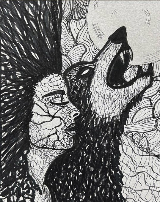 A black and white ink drawing featuring a woman's face in profile alongside a howling wolf, with detailed line work and a circular moon shape in the background.