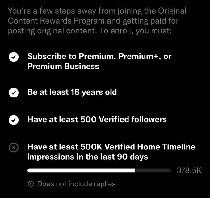 A screenshot showing requirements for joining the Original Content Rewards Program, with checkmarks for Premium subscription, being 18+ years old, and 500+ verified followers, while showing progress at 378.5K out of 500K needed verified Home Timeline impressions in the last 90 days.