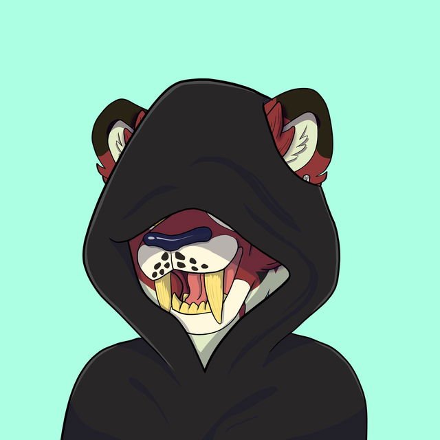 A cartoon illustration of a bear-like character wearing a black hoodie against a mint green background, with its mouth open showing sharp teeth.