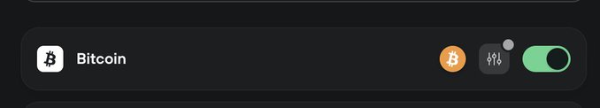 A dark-mode cryptocurrency widget showing a 'Bitcoin' toggle switch in the on position, with Bitcoin icons and settings displayed.