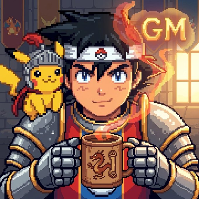 Pixel art illustration of a young knight wearing armor and a Pokéball headband, holding a steaming mug with Pikachu perched on his shoulder and a 'GM' badge in the corner.