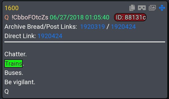 A 4chan post from June 27, 2018, with the thread title "Trains" highlighted in green among the chatter discussing transportation and urging people to "Be vigilant."