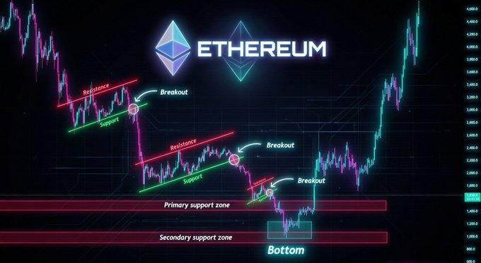 The image shows a graph of cryptocurrency prices against time with a focus on Ethereum. It appears that there might be an update or breakdown in the price chart for Ethereum, as indicated by the text "History may be repeating ...ETH breakdown is underway". The key levels to watch are $1,400 and $8,000, which could potentially define the next major move of the cryptocurrency market.