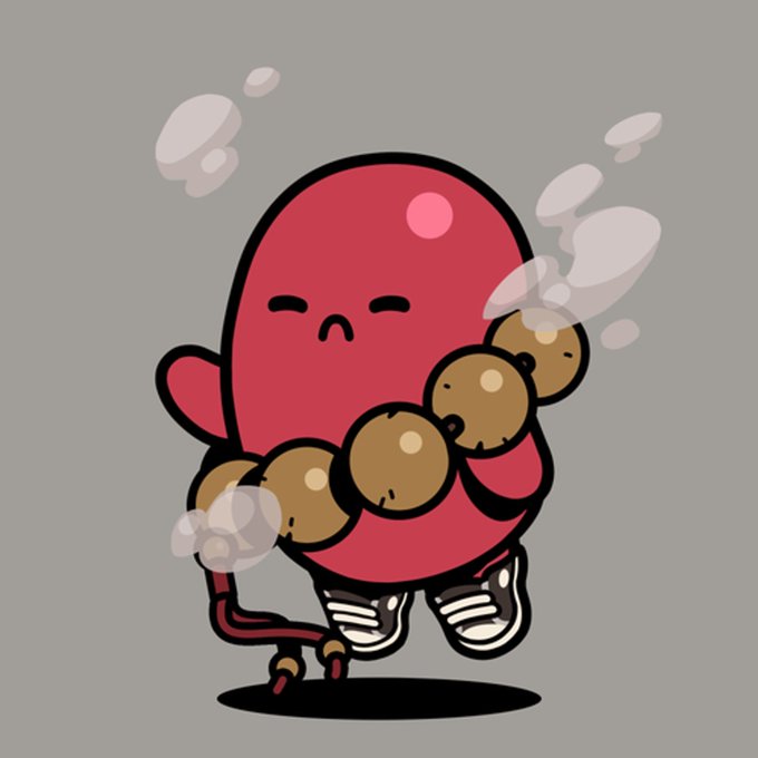 A cartoon illustration of a small, round red character wearing sneakers and a beaded necklace, riding a scooter with steam puffs around it.