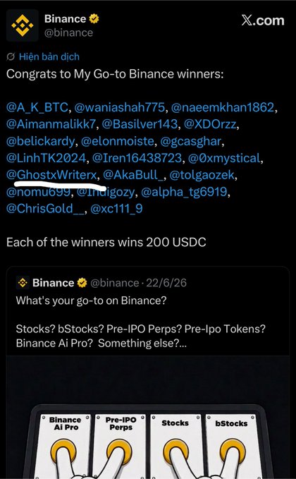 A screenshot of a Binance tweet congratulating winners of a "My Go-to Binance" giveaway, where each winner receives 200 USDC, with the username @GhostxWriterx (circled) among the listed recipients. The Vietnamese caption expresses excitement about winning 200 USDC from Binance's legitimate giveaway, praising the platform for rewarding real users.