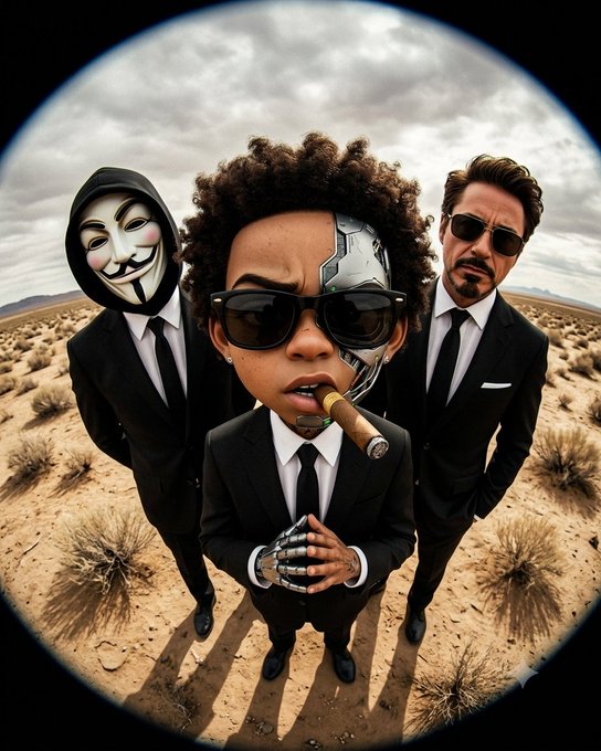 Stylized fisheye-lens image featuring three figures in suits, including one wearing a Guy Fawkes mask and another appearing to be Tony Stark/Iron Man, standing in a desert landscape.