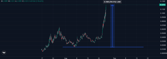A candlestick chart of "$PONS" shows a steep rally from around 0.015 to a peak of 0.1060, marking a 704.51% gain of 1,060%, followed by a sharp vertical drop back toward the prior consolidation base—visually illustrating the post's warning of an imminent deep correction after unsustainable, triple-digit daily returns on an unlisted micro-cap token.